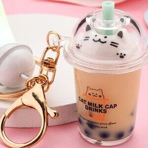 Tan Cat Milk Tea Boba Baby Liquid Keychain Fidget Toy Bag Charm Kawaii NEW